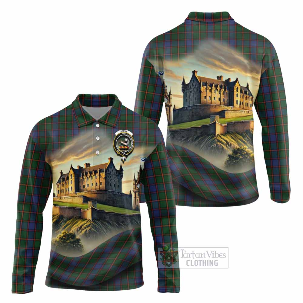 Skene Tartan Family Crest Long Sleeve Polo Shirt with Scottish Ancient Castle Style - Tartan Vibes Clothing