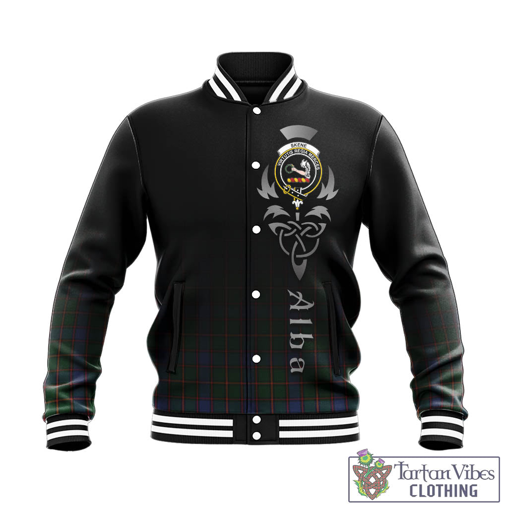 Tartan Vibes Clothing Skene Tartan Baseball Jacket Featuring Alba Gu Brath Family Crest Celtic Inspired