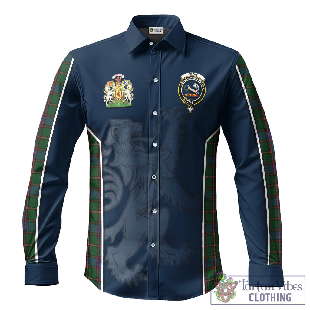 Skene Tartan Long Sleeve Button Up Shirt with Family Crest and Lion Rampant Vibes Sport Style