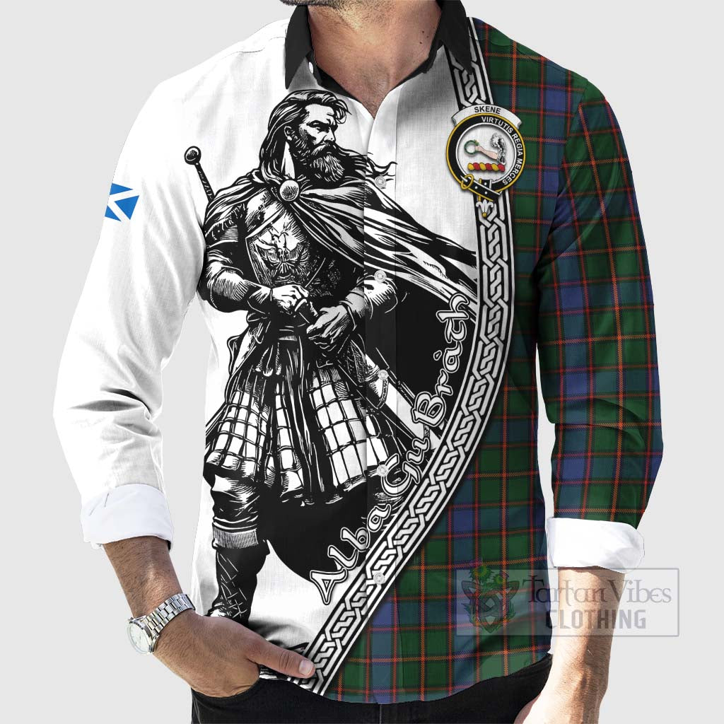 Tartan Vibes Clothing Skene Tartan Clan Crest Long Sleeve Button Shirt with Highlander Warrior Celtic Style