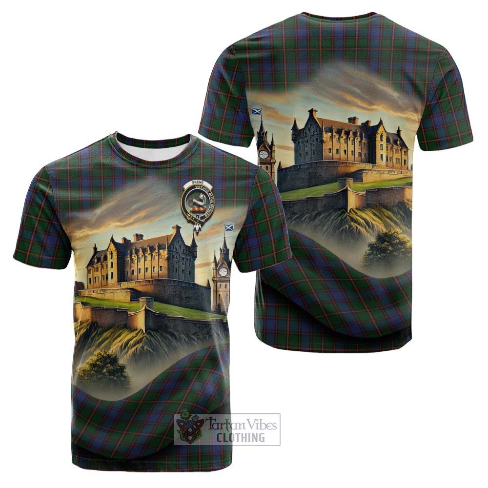 Skene Tartan Family Crest Cotton T-shirt with Scottish Ancient Castle Style - Tartan Vibes Clothing