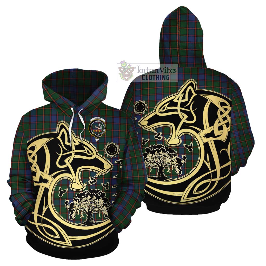 Tartan Vibes Clothing Skene Tartan Cotton Hoodie with Family Crest Celtic Wolf Style