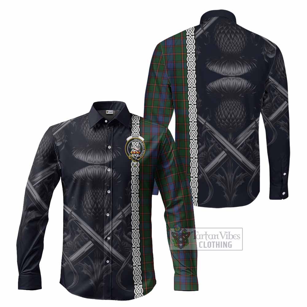 Skene Tartan Long Sleeve Button Shirt with Family Crest Cross Sword Thistle Celtic Vibes - Tartan Vibes Clothing