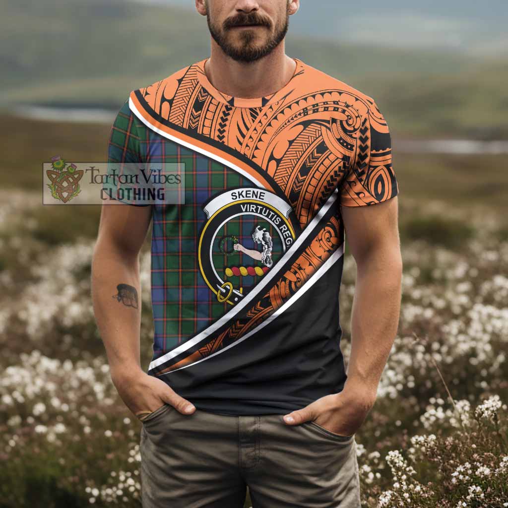 Tartan Vibes Clothing Skene Crest Tartan T-Shirt with Maori Tattoo Style - Orange Version