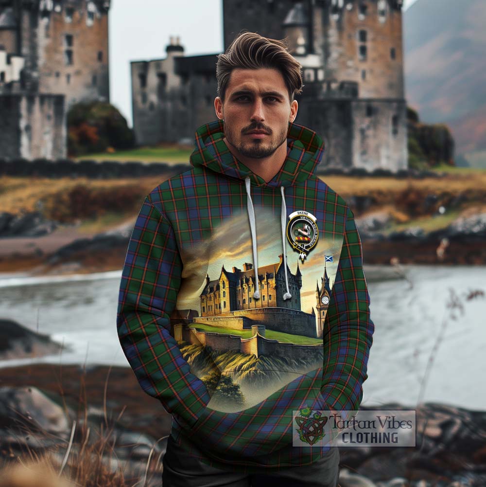 Skene Tartan Family Crest Cotton Hoodie with Scottish Ancient Castle Style - Tartan Vibes Clothing
