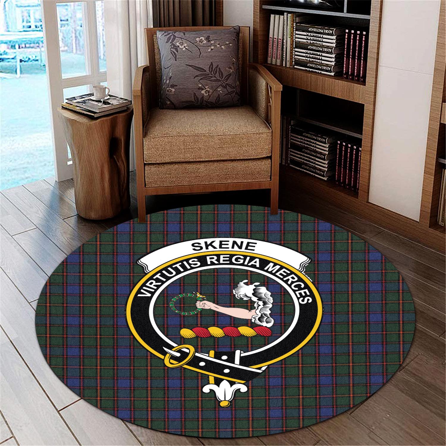 skene-tartan-round-rug-with-family-crest