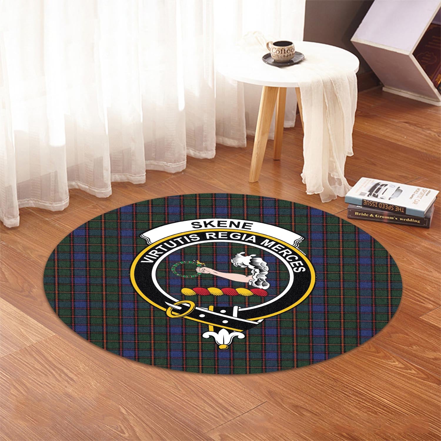 skene-tartan-round-rug-with-family-crest