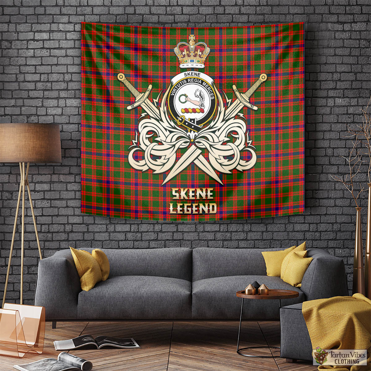 Tartan Vibes Clothing Skene Modern Tartan Tapestry with Clan Crest and the Golden Sword of Courageous Legacy