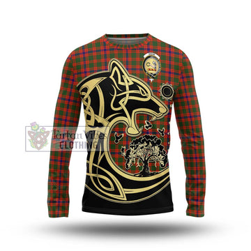 Skene Modern Tartan Long Sleeve T-Shirt with Family Crest Celtic Wolf Style
