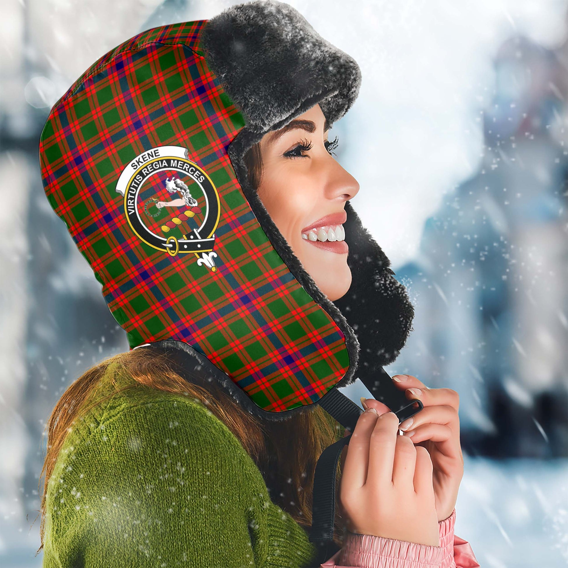 Skene Modern Tartan Winter Trapper Hat with Family Crest Winter Trapper Hat Universal Fit Circumference 22.8in (58cm) - Tartanvibesclothing