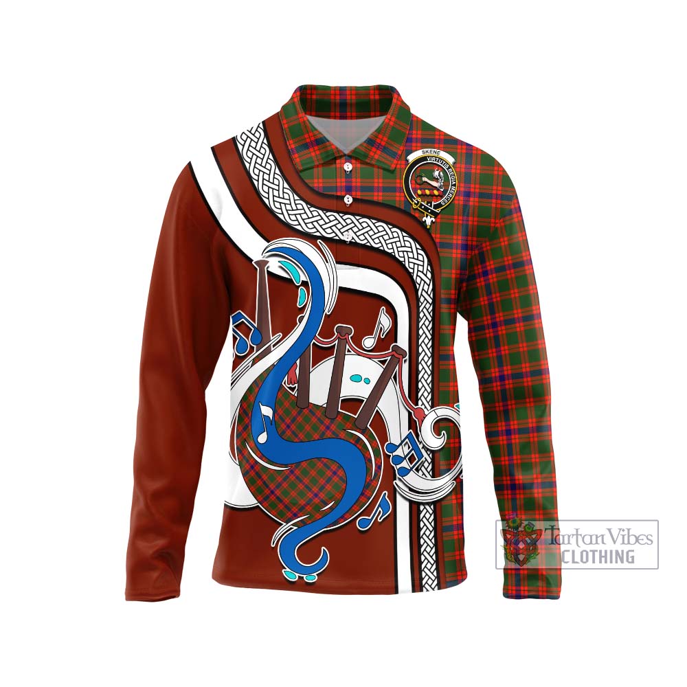 Tartan Vibes Clothing Skene Modern Tartan Long Sleeve Polo Shirt with Epic Bagpipe Style