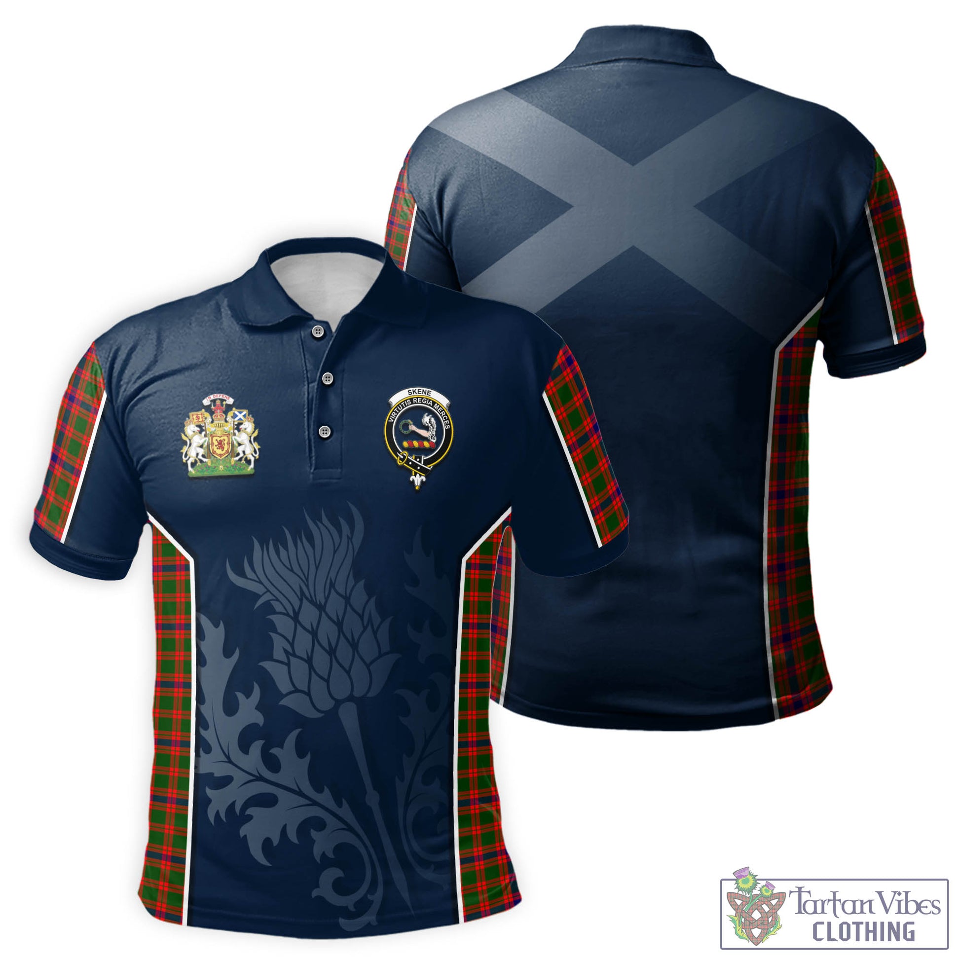 Tartan Vibes Clothing Skene Modern Tartan Men's Polo Shirt with Family Crest and Scottish Thistle Vibes Sport Style