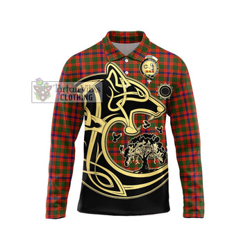 Skene Modern Tartan Long Sleeve Polo Shirt with Family Crest Celtic Wolf Style