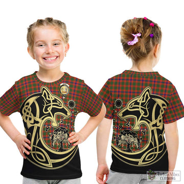 Skene Modern Tartan Kid T-Shirt with Family Crest Celtic Wolf Style