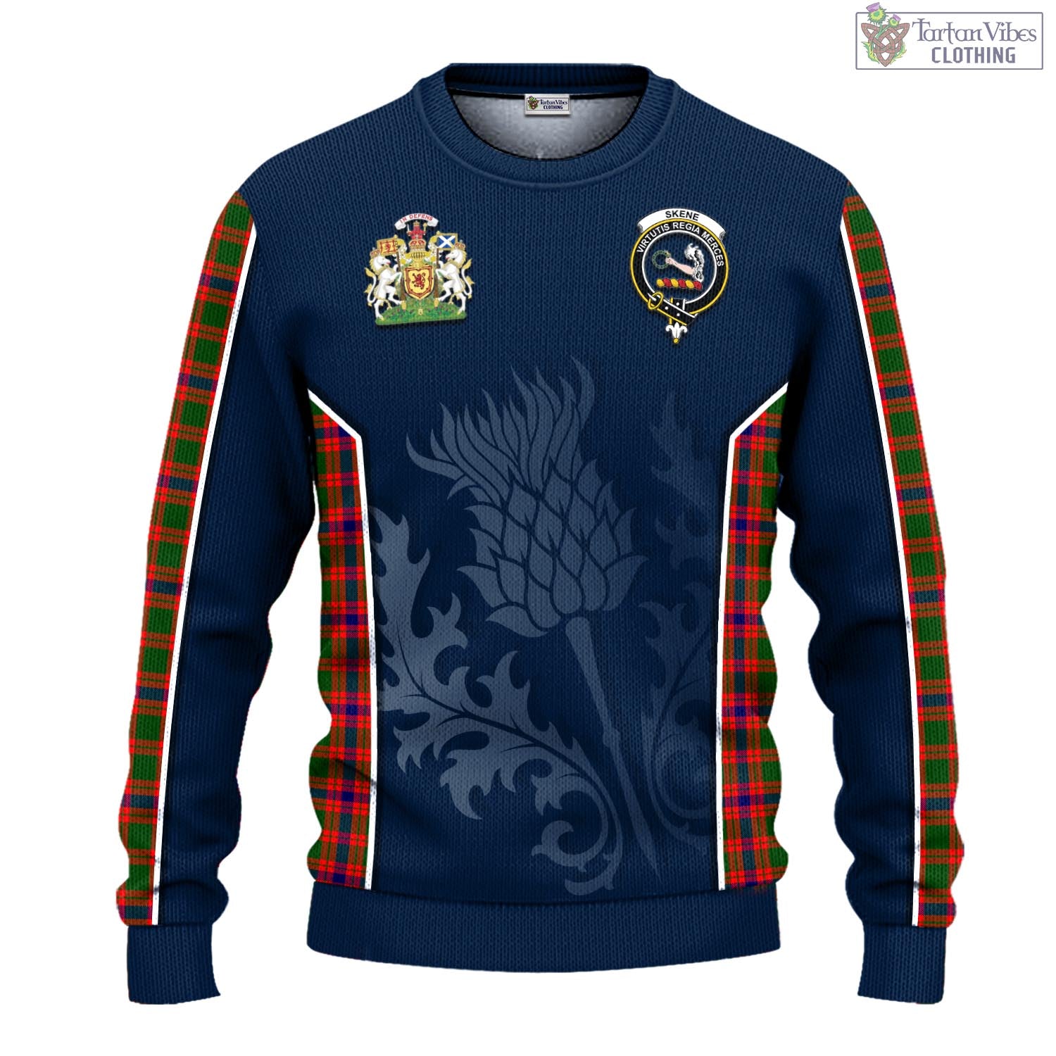 Tartan Vibes Clothing Skene Modern Tartan Knitted Sweatshirt with Family Crest and Scottish Thistle Vibes Sport Style