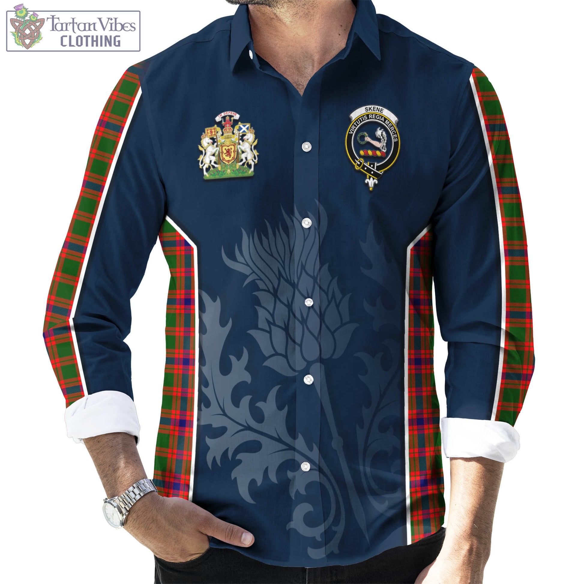 Tartan Vibes Clothing Skene Modern Tartan Long Sleeve Button Up Shirt with Family Crest and Scottish Thistle Vibes Sport Style