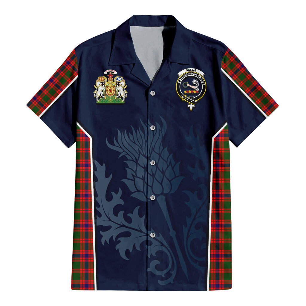 Tartan Vibes Clothing Skene Modern Tartan Short Sleeve Button Up Shirt with Family Crest and Scottish Thistle Vibes Sport Style