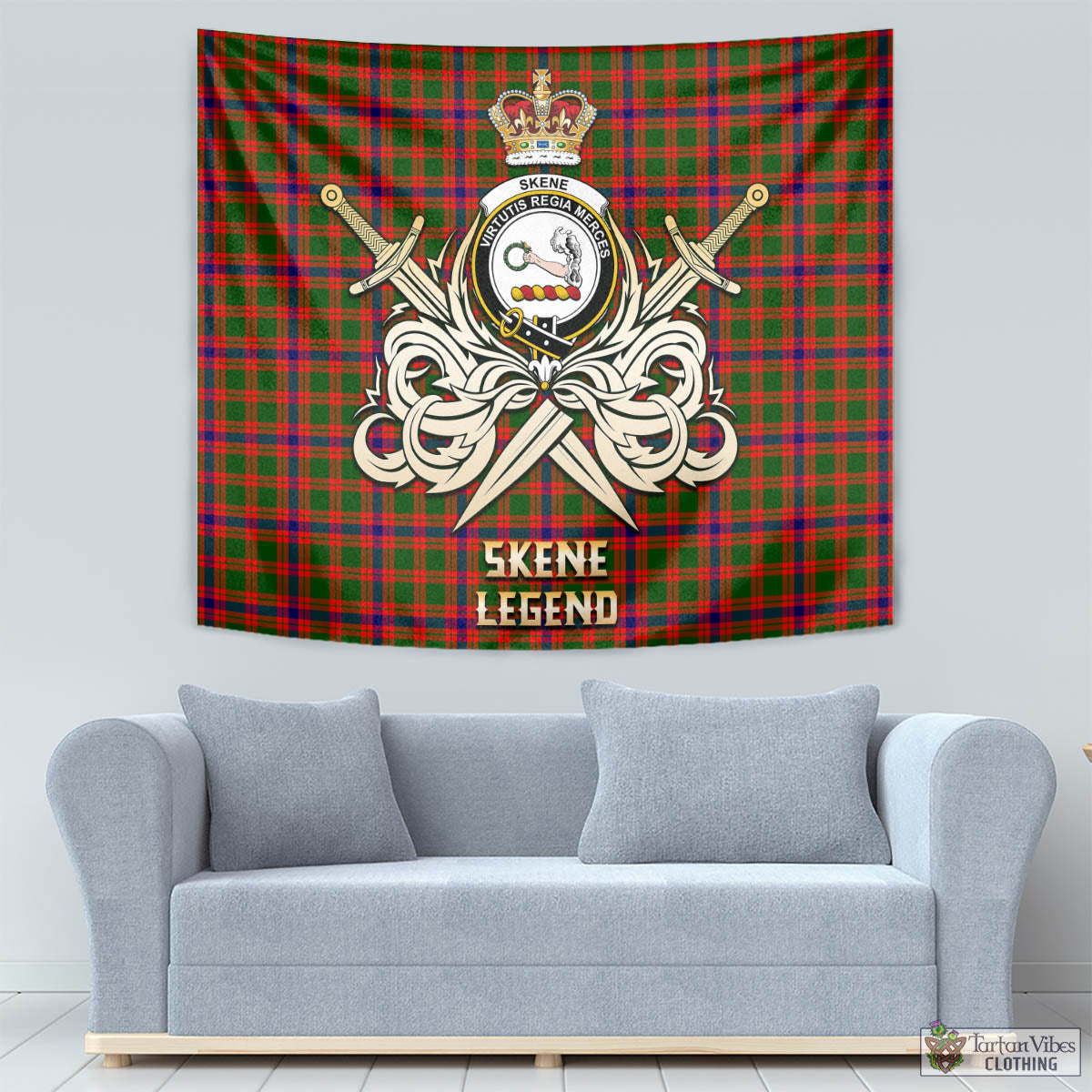 Tartan Vibes Clothing Skene Modern Tartan Tapestry with Clan Crest and the Golden Sword of Courageous Legacy