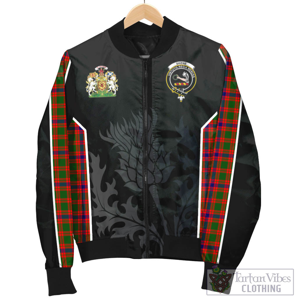 Tartan Vibes Clothing Skene Modern Tartan Bomber Jacket with Family Crest and Scottish Thistle Vibes Sport Style