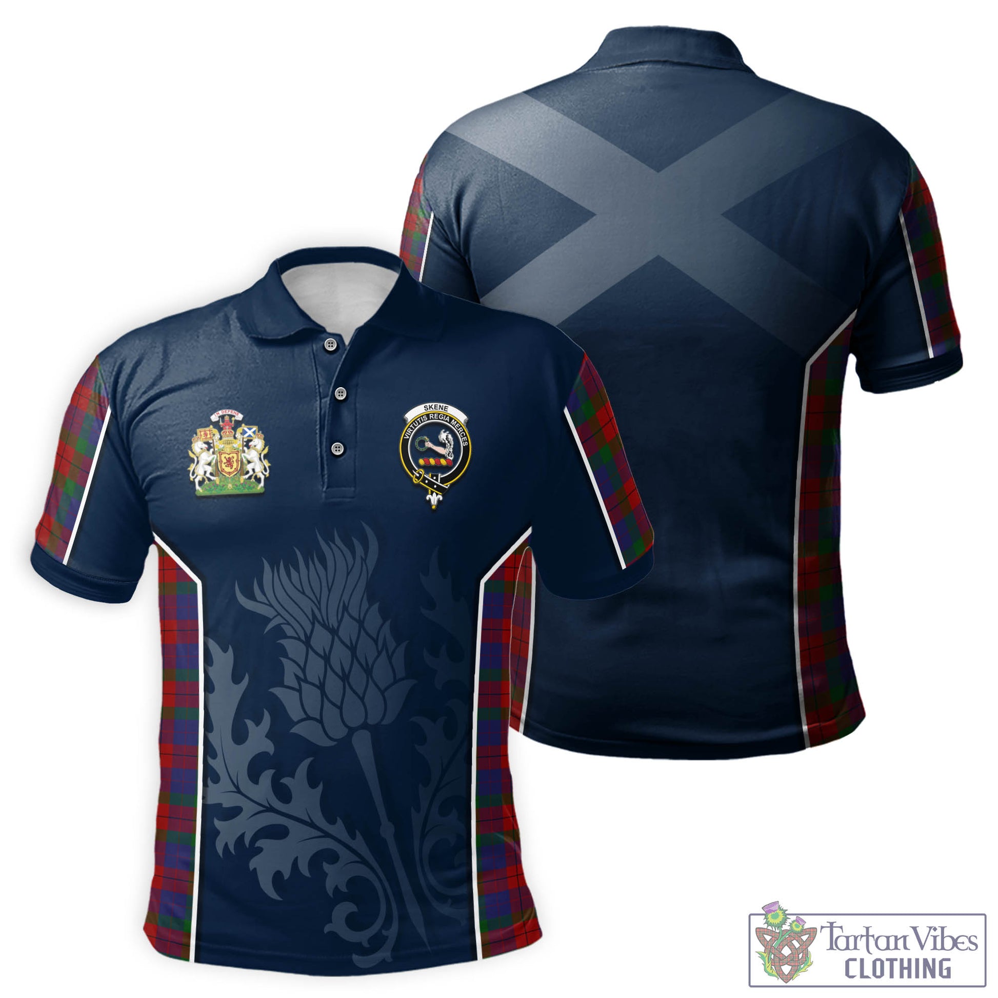 Tartan Vibes Clothing Skene of Cromar Tartan Men's Polo Shirt with Family Crest and Scottish Thistle Vibes Sport Style