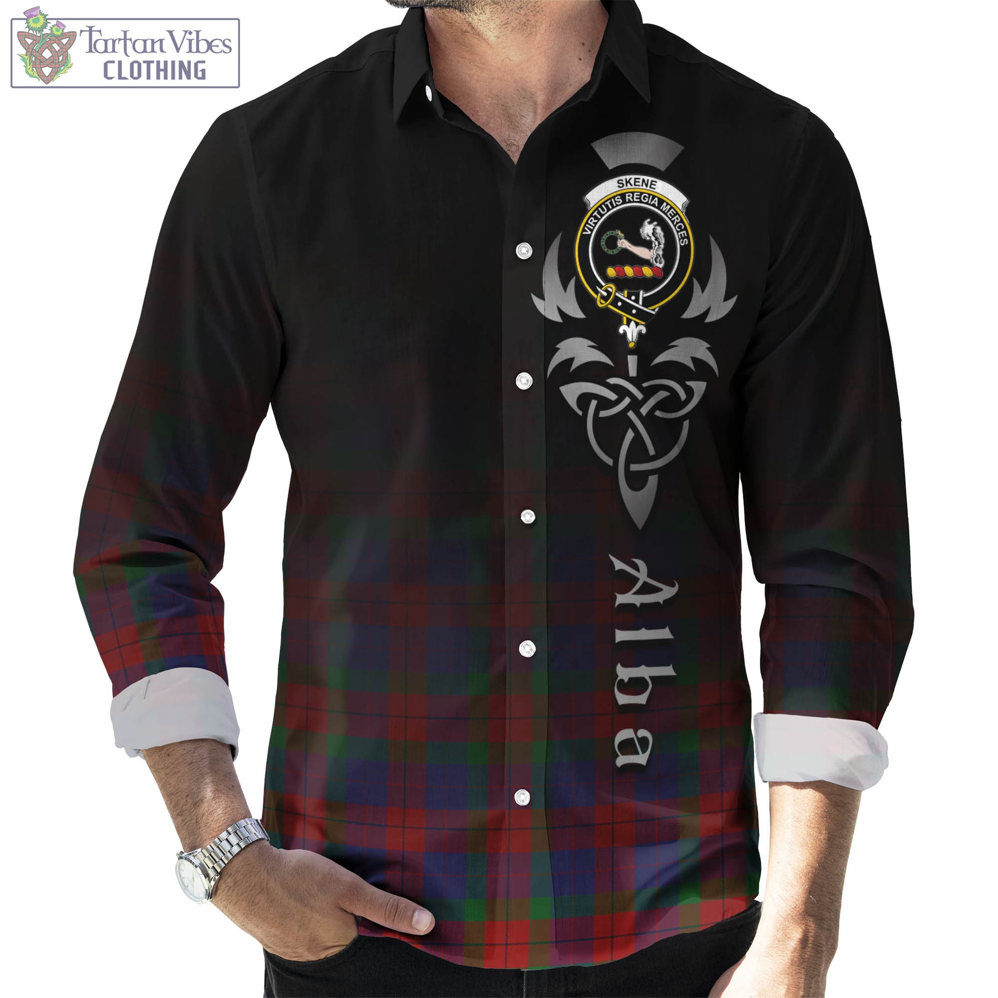 Tartan Vibes Clothing Skene of Cromar Tartan Long Sleeve Button Up Featuring Alba Gu Brath Family Crest Celtic Inspired