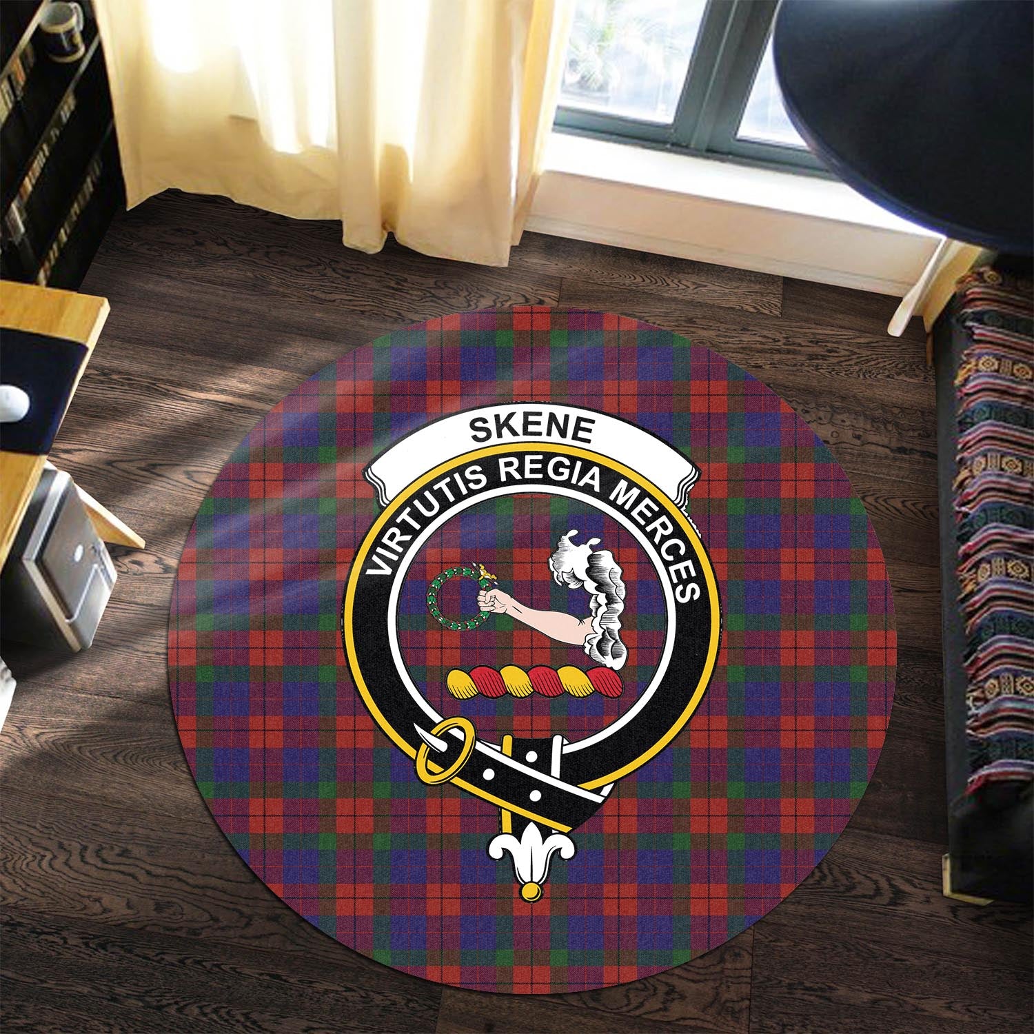 skene-of-cromar-tartan-round-rug-with-family-crest