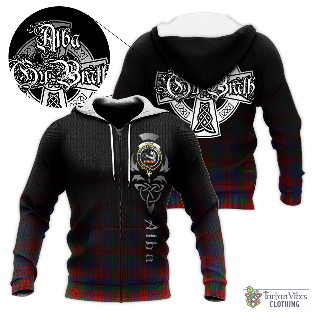 Tartan Vibes Clothing Skene of Cromar Tartan Knitted Hoodie Featuring Alba Gu Brath Family Crest Celtic Inspired