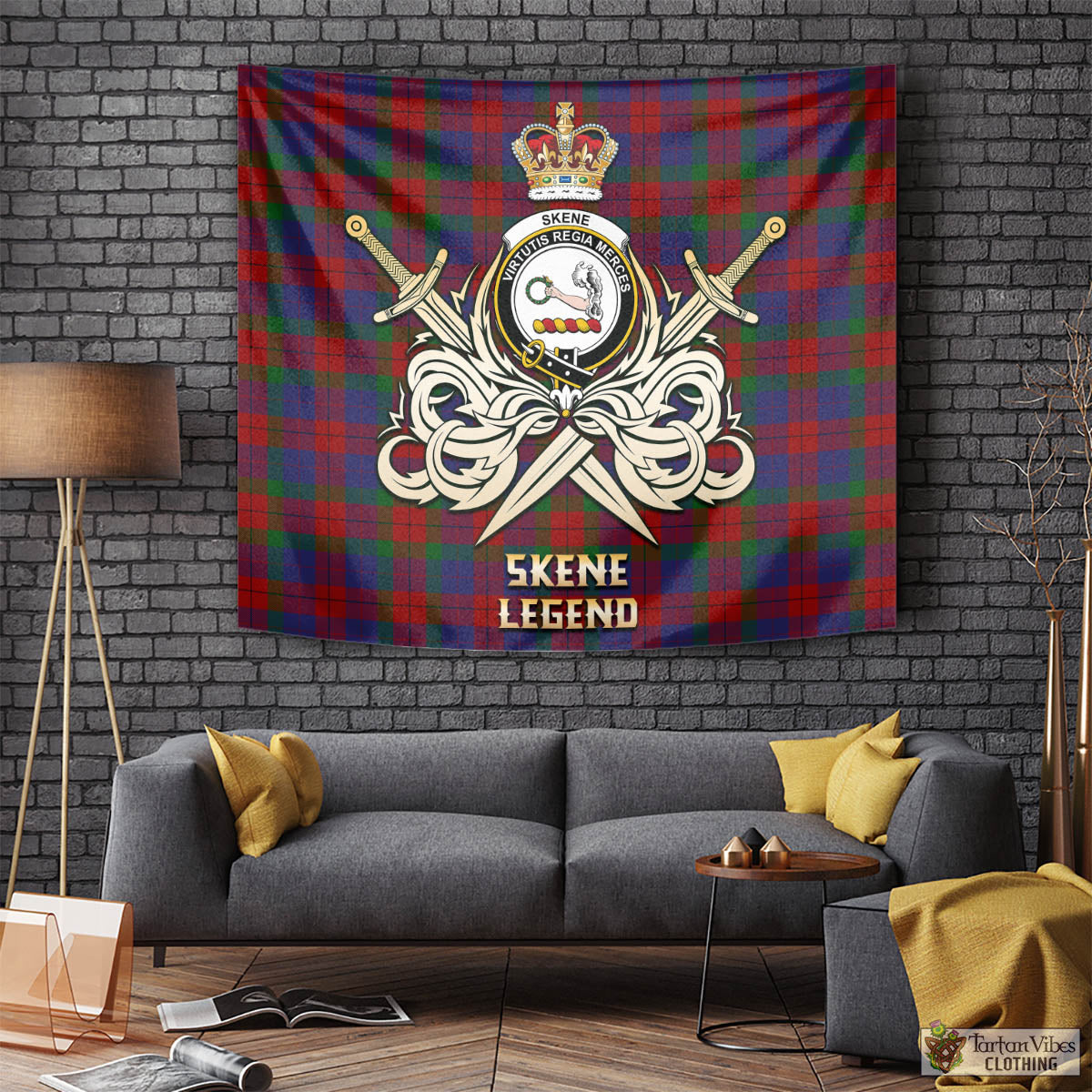 Tartan Vibes Clothing Skene of Cromar Tartan Tapestry with Clan Crest and the Golden Sword of Courageous Legacy