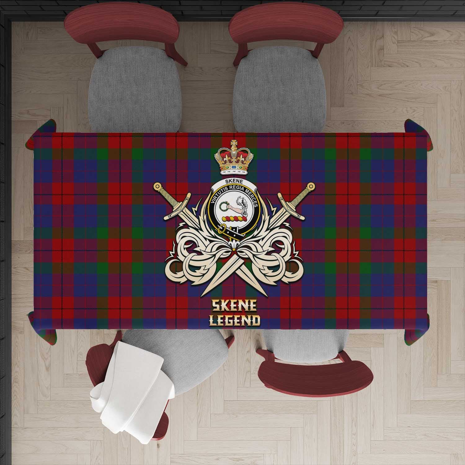 Tartan Vibes Clothing Skene of Cromar Tartan Tablecloth with Clan Crest and the Golden Sword of Courageous Legacy