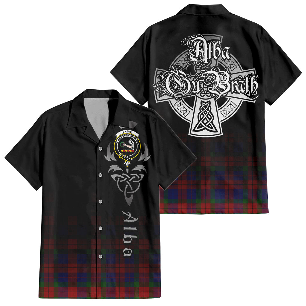 Tartan Vibes Clothing Skene of Cromar Tartan Short Sleeve Button Up Featuring Alba Gu Brath Family Crest Celtic Inspired