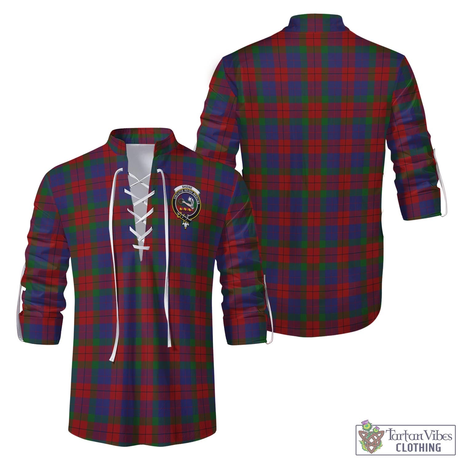 Tartan Vibes Clothing Skene of Cromar Tartan Men's Scottish Traditional Jacobite Ghillie Kilt Shirt with Family Crest