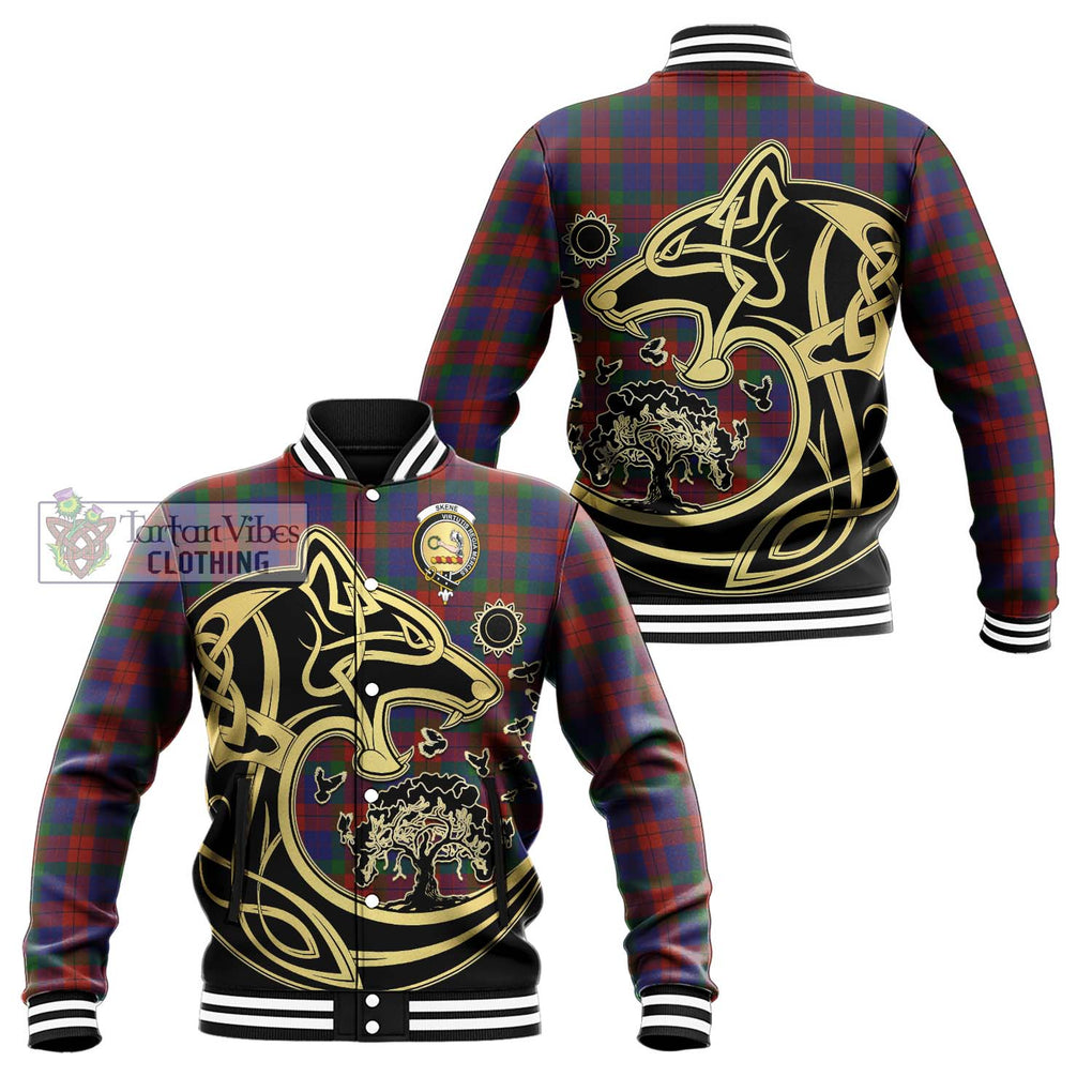 Skene of Cromar Tartan Baseball Jacket with Family Crest Celtic Wolf Style Unisex - Tartan Vibes Clothing