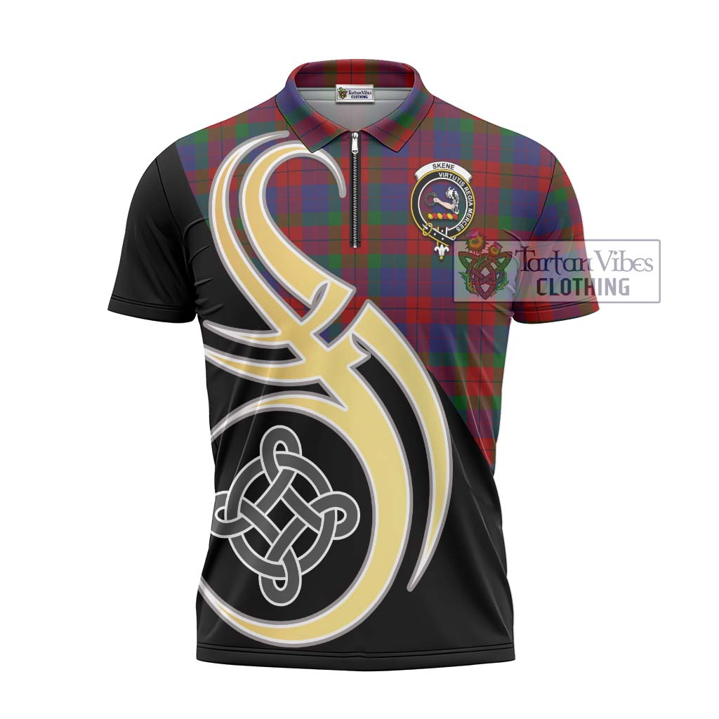 Tartan Vibes Clothing Skene of Cromar Tartan Zipper Polo Shirt with Family Crest and Celtic Symbol Style