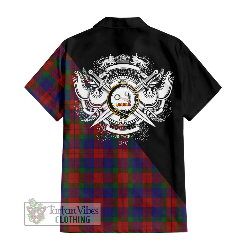 Skene of Cromar Tartan Short Sleeve Button Shirt with Family Crest and Military Logo Style - Tartanvibesclothing Shop