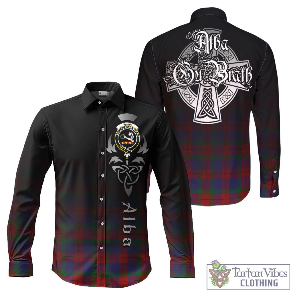 Tartan Vibes Clothing Skene of Cromar Tartan Long Sleeve Button Up Featuring Alba Gu Brath Family Crest Celtic Inspired