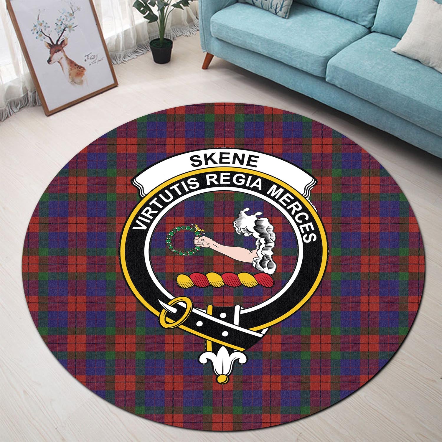 skene-of-cromar-tartan-round-rug-with-family-crest