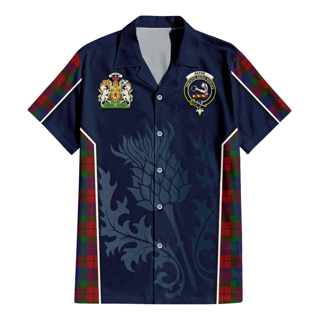 Tartan Vibes Clothing Skene of Cromar Tartan Short Sleeve Button Up Shirt with Family Crest and Scottish Thistle Vibes Sport Style