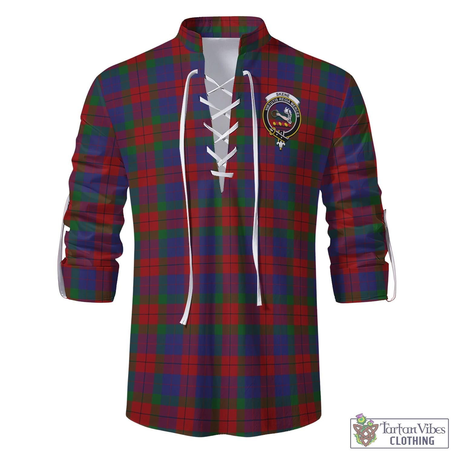 Tartan Vibes Clothing Skene of Cromar Tartan Men's Scottish Traditional Jacobite Ghillie Kilt Shirt with Family Crest