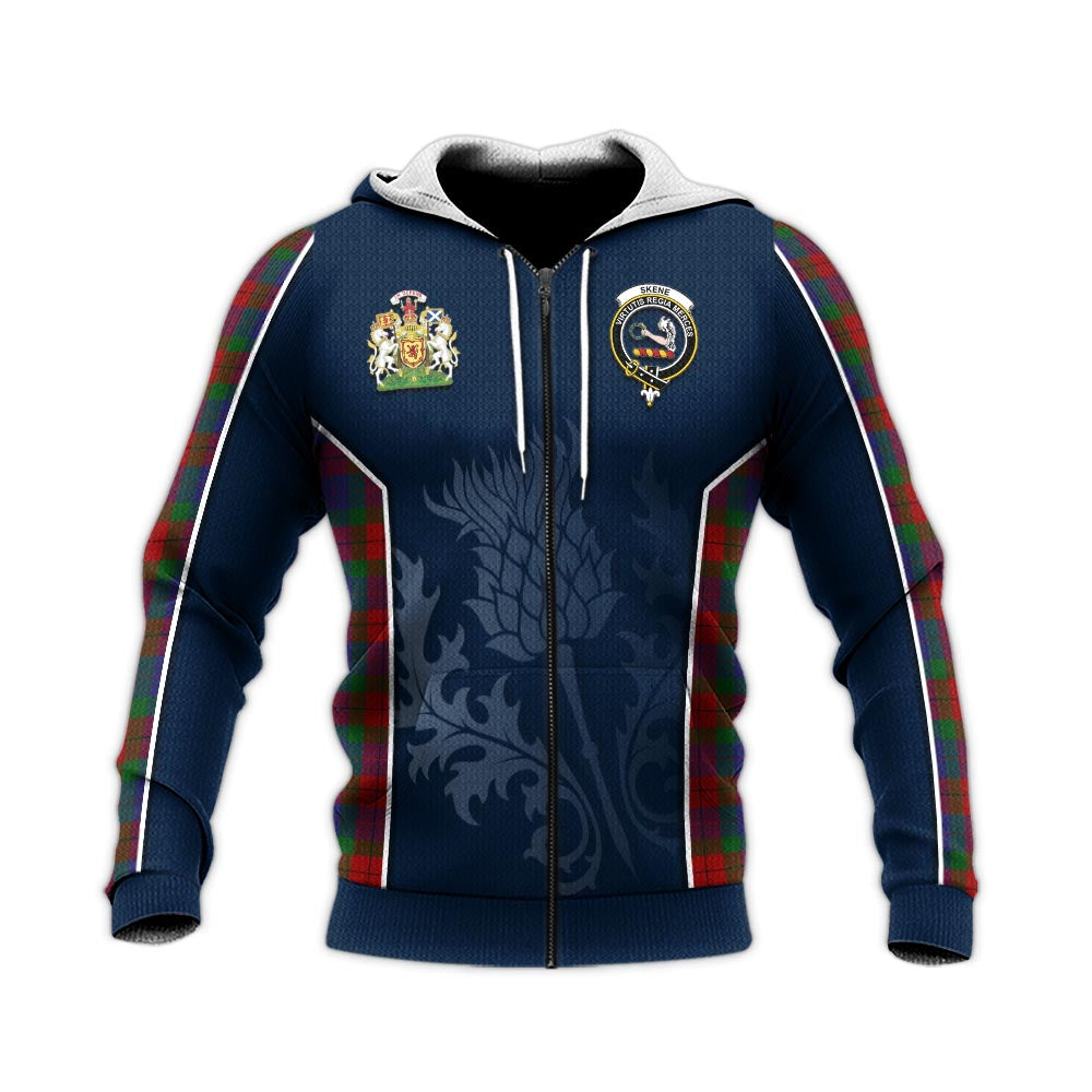 Tartan Vibes Clothing Skene of Cromar Tartan Knitted Hoodie with Family Crest and Scottish Thistle Vibes Sport Style