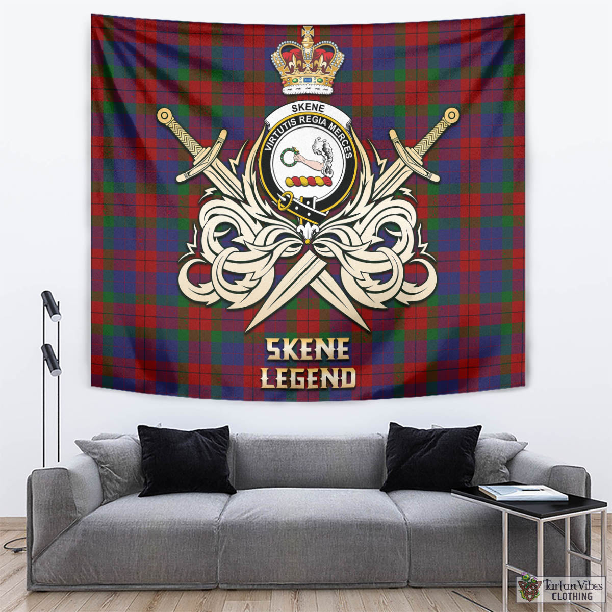 Tartan Vibes Clothing Skene of Cromar Tartan Tapestry with Clan Crest and the Golden Sword of Courageous Legacy