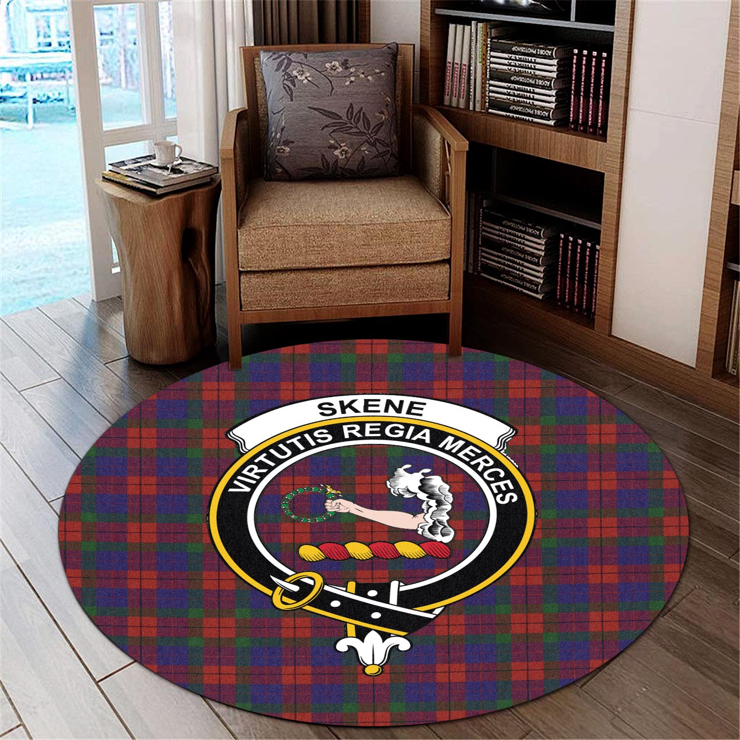 skene-of-cromar-tartan-round-rug-with-family-crest