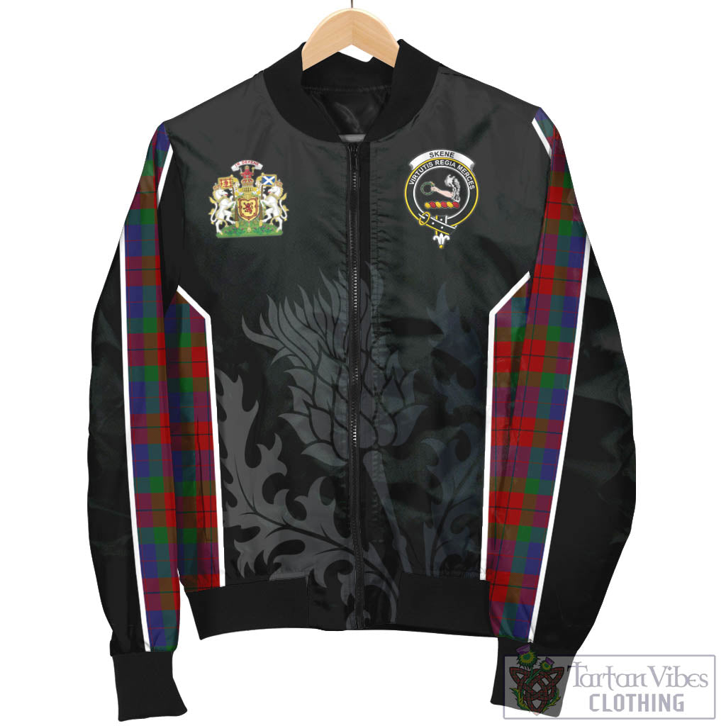 Tartan Vibes Clothing Skene of Cromar Tartan Bomber Jacket with Family Crest and Scottish Thistle Vibes Sport Style