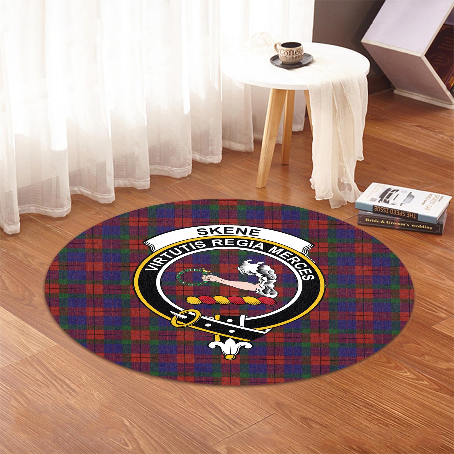 skene-of-cromar-tartan-round-rug-with-family-crest