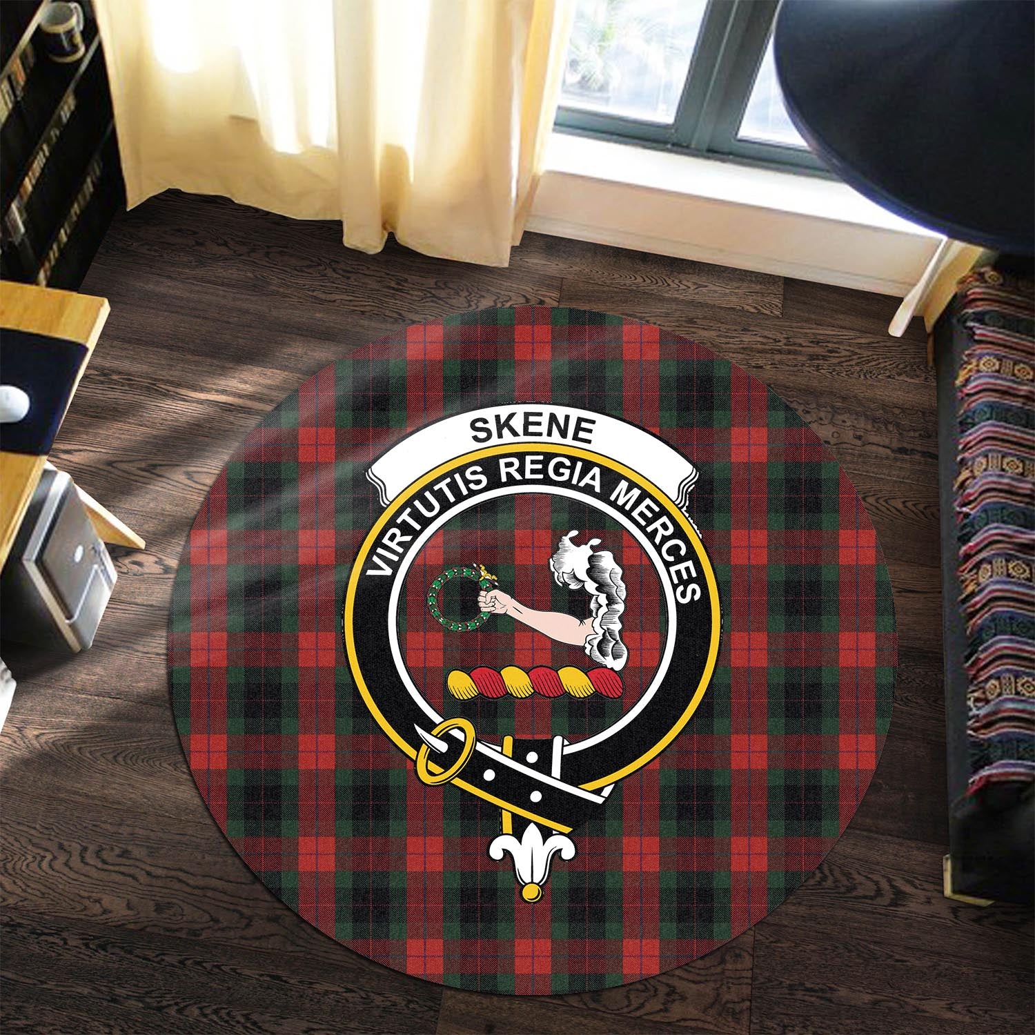 skene-of-cromar-black-tartan-round-rug-with-family-crest