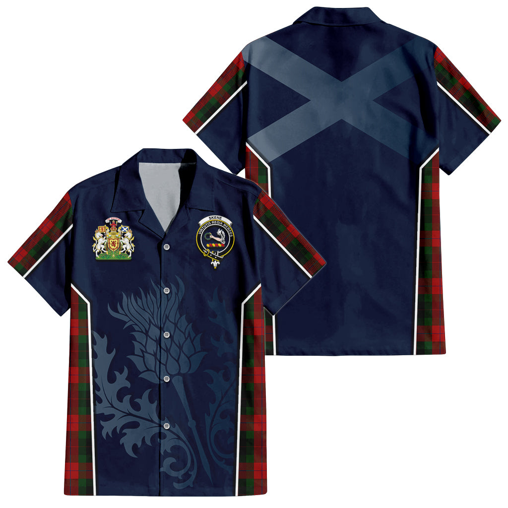 Tartan Vibes Clothing Skene of Cromar Black Tartan Short Sleeve Button Up Shirt with Family Crest and Scottish Thistle Vibes Sport Style