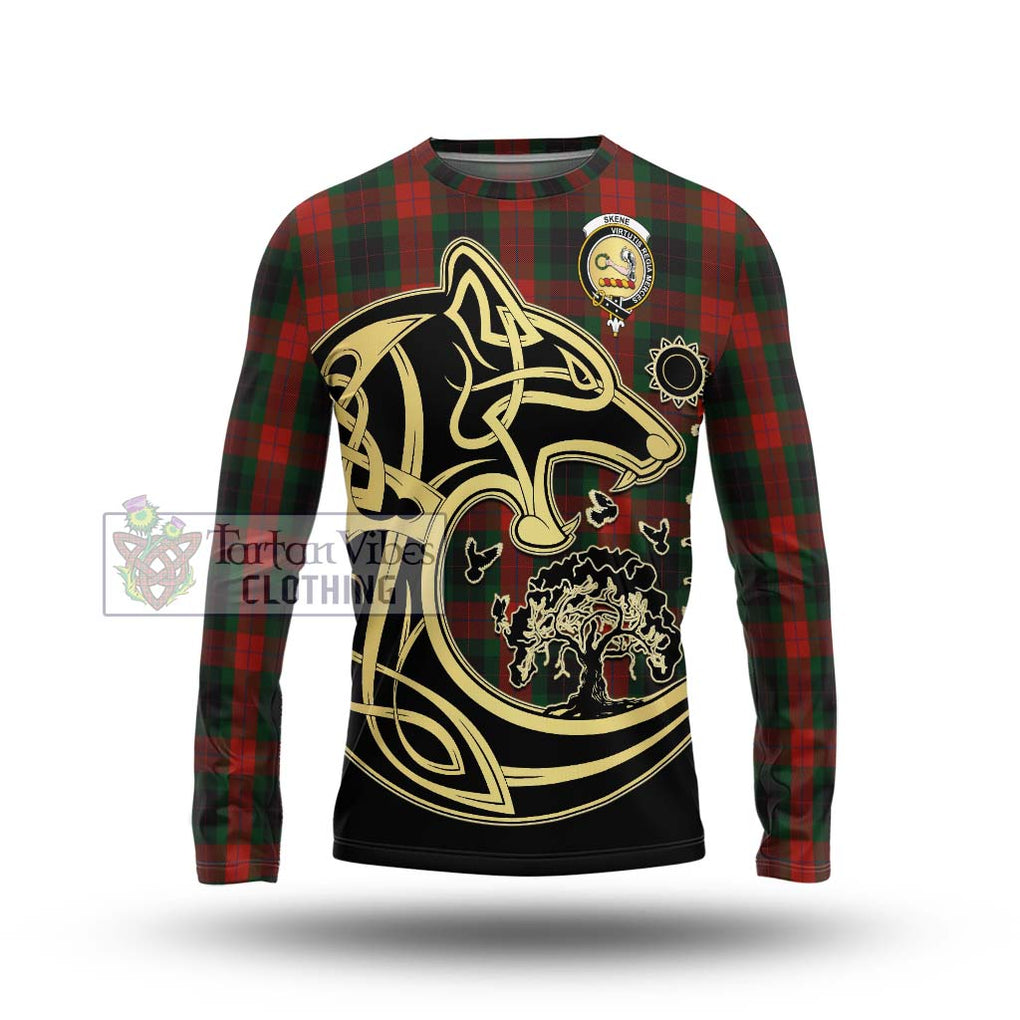 Skene of Cromar Black Tartan Long Sleeve T-Shirt with Family Crest Celtic Wolf Style Unisex - Tartan Vibes Clothing