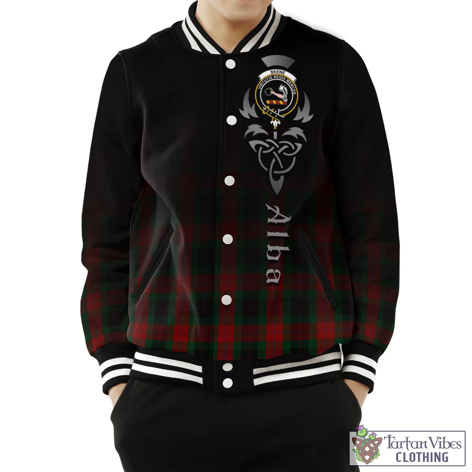 Tartan Vibes Clothing Skene of Cromar Black Tartan Baseball Jacket Featuring Alba Gu Brath Family Crest Celtic Inspired