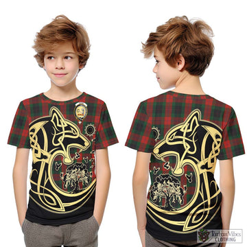 Skene of Cromar Black Tartan Kid T-Shirt with Family Crest Celtic Wolf Style