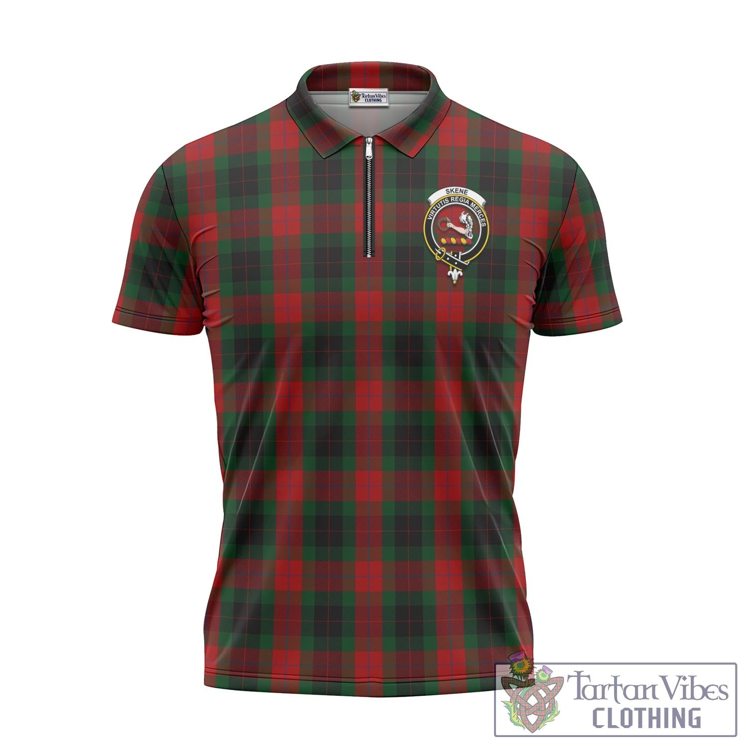 Tartan Vibes Clothing Skene of Cromar Black Tartan Zipper Polo Shirt with Family Crest