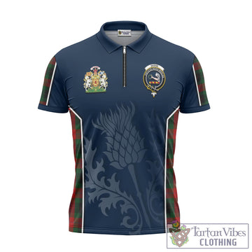 Skene of Cromar Black Tartan Zipper Polo Shirt with Family Crest and Scottish Thistle Vibes Sport Style